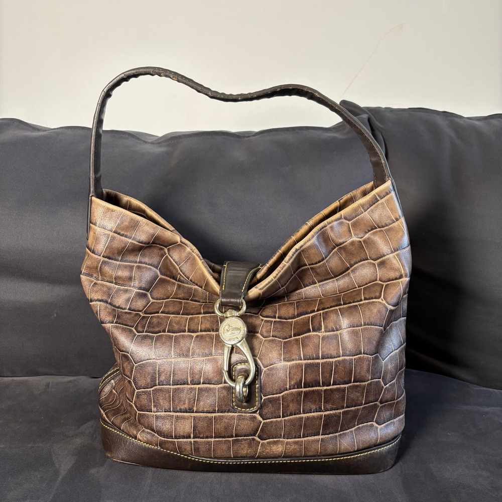 Dooney & Bourke Brown Croc Embossed Leather Hobo Bag Duck Toggle Clasp